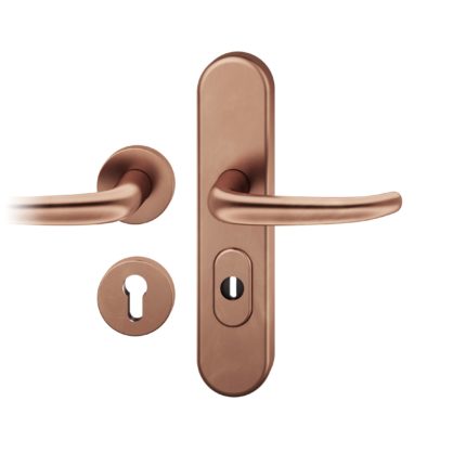 Druecker-Grt. re PZ 72mm Ros.S2 |  Langschild ZA. Stift 8mm | Innenseite Rosette |Bronze hell patiniert gewachst