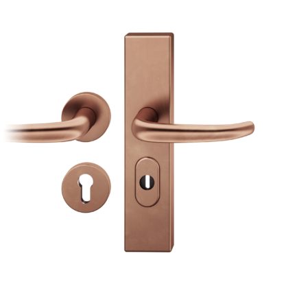 Druecker-Grt. re PZ 72mm Ros.S2 |  Langschild ZA. Stift 8mm | Innenseite Rosette |Bronze hell patiniert gewachst