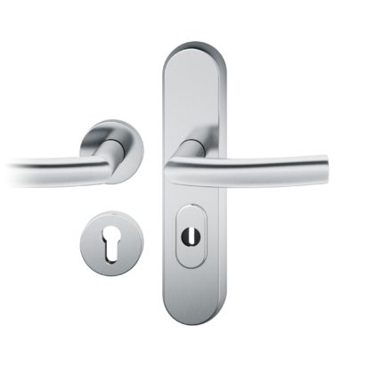 Druecker-Grt. re PZ 72mm Ros.S2 |  Langschild ZA. Stift 8mm | Innenseite Rosette |Edelstahl fein matt