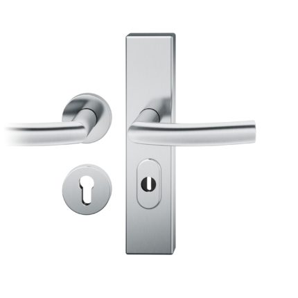 FS-Druecker-Grt. re PZ72 Ros.S2 |  Langschild eckig. 9mm. PZ 72 | Innenseite Rosette rund |Edelstahl fein matt